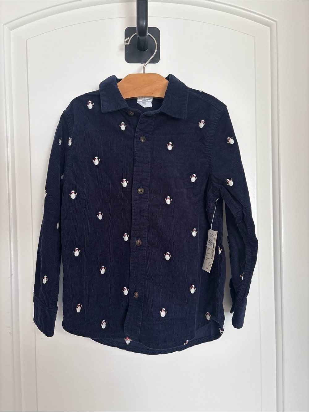 Kids Navy Corduroy Button-Up Shirt with winter Penguin Embroidery